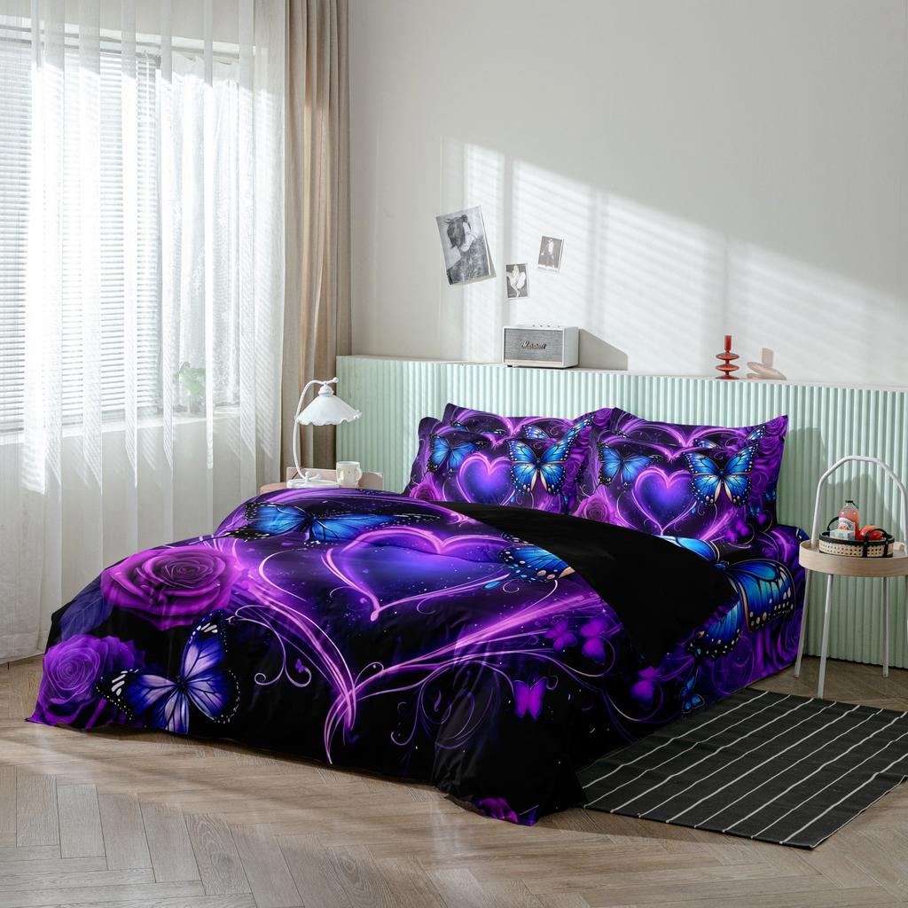 3Pcs Black Purple Heart Bedding Set, Blue Butterfly & Rose Print Duvet Cover, For Family Bedrooms Dormitories Hotels