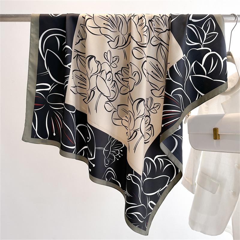 Luxury New Retro Printed Silk Scarf 90cm Twill Silk Scarf Lotus Fashion Large Square Scarves Sunscreen Shawl Headscarf