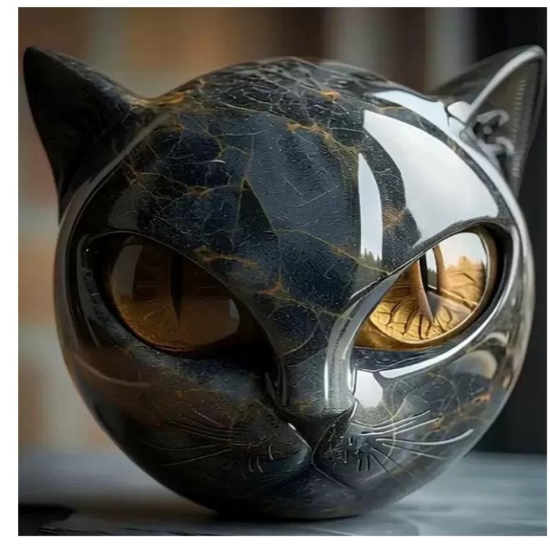 Uma luxuosa escultura de gato preto roxo feita de resina de pedra - uma elegante estátua com efeito de rocha vulcânica com olhos e orelhas finamente esculpidos.