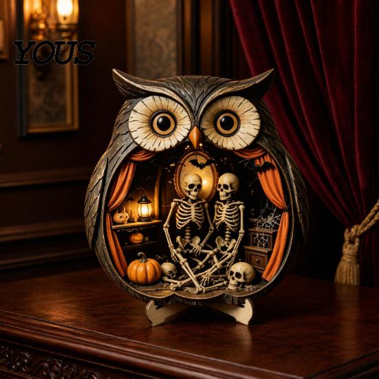 Wood Owl Sculpture Halloween Wooden Tabletop Centerpiece, 2D Flat Pumpkin Ghost Bat Figurine Skeleton Standing Table Sign for Party, Shelf, Desk Decor
