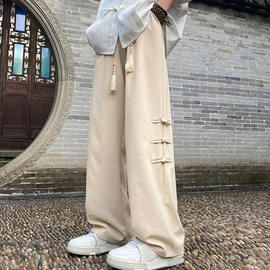 Men Pants Chinese Style Tassel Knot Decor Straight Wide Leg Loose Drawstring Elastic Waist Solid Color Pockets