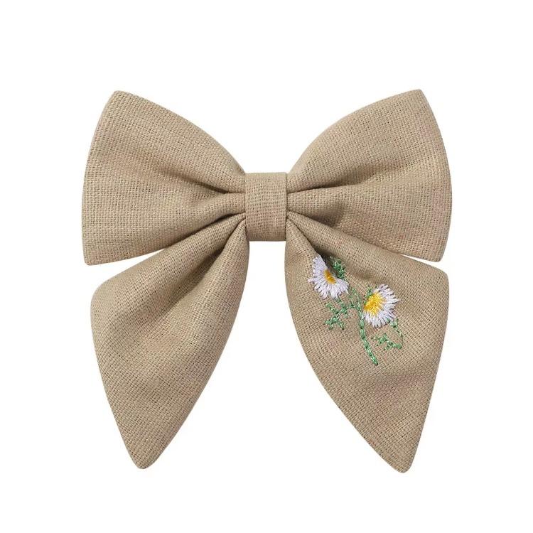 Flower Embroidery Bow Hair Clip Sweet Princess Girls Hair Clips Handmade Ribbon Bangs Hairpin Cute Bowknot Barrettes Headwear