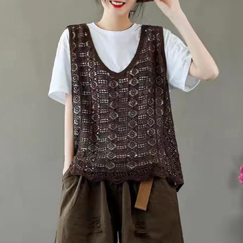 

Женский вязаный жилет в горошек в стиле ретро - Повседневный пуловер из хлопка и льна с сеткой One Size