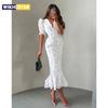 Vestido Midi Sirena Peplum Cuello Blazer Manga Abullonada Estampado Floral Blanco para Mujer Elegante Casual Vestido de Dama de Honor Boda Vestido de Verano