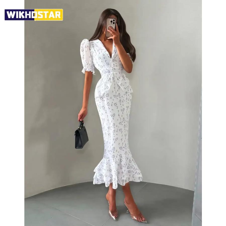 Vestido Midi Sirena Peplum Cuello Blazer Manga Abullonada Estampado Floral Blanco para Mujer Elegante Casual Vestido de Dama de Honor Boda Vestido de Verano