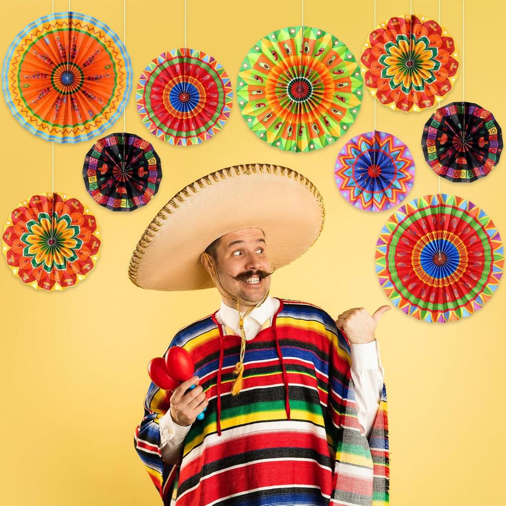 Outus 9 Pcs Mexican Fiesta Hanging Paper Fans Decorations Fiesta Party Supplies Cinco De Mayo Ceiling Wall Decor for Taco Tuesday Event Decor Luau