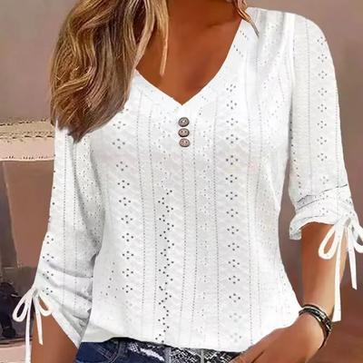 Women's Fashion Casual Summer Solid Color Print Long Sleeve V-Neck Jacquard Button Loose Blouses & Shirts