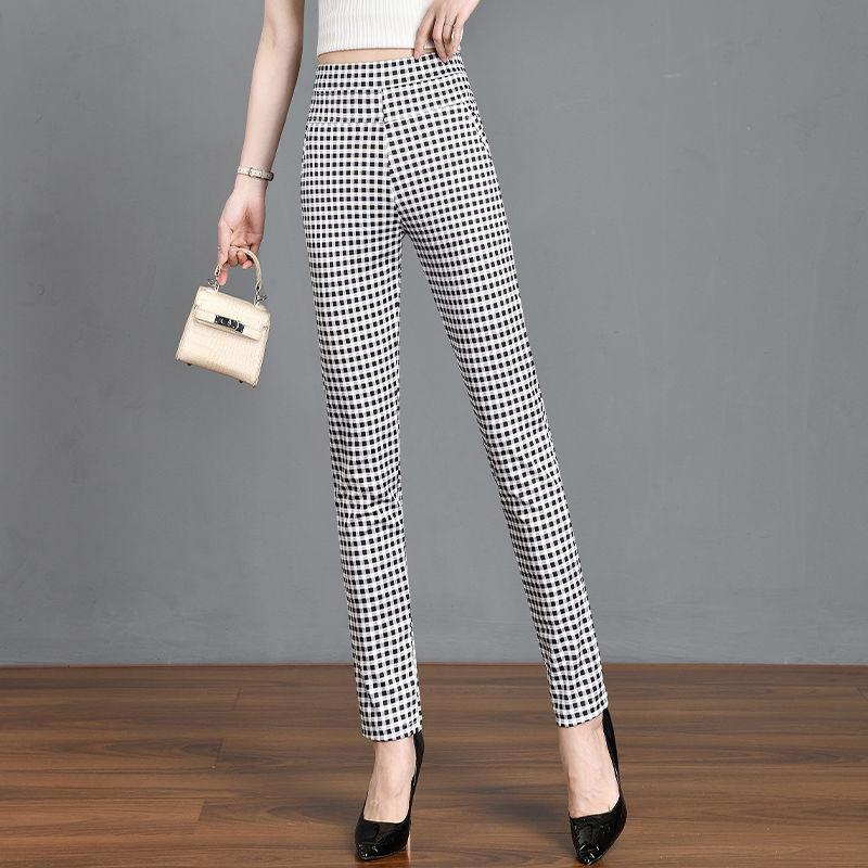 Korean Fashion Women Clothing Pencil Pants Spring Summer Casual Black White Plaid New Elastic High Waist Slim Straight Trousers