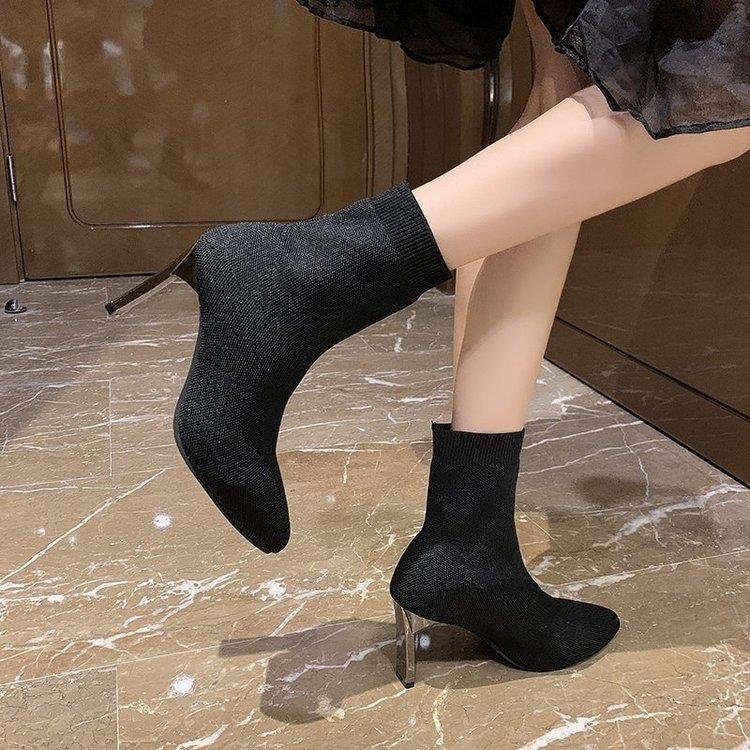Autumn and winter women's shoes socks boots women's high-heeled thin-heeled pointed fly-woven elastic boots
