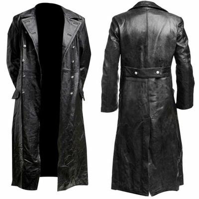 Men's Classic Military Uniform Officers Black Leather Trench Coat