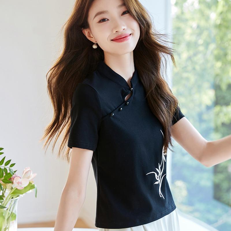 

Женский летний черный топ с вышивкой бамбука и воротником-стойкой (ципао) с коротким рукавом S чёрный