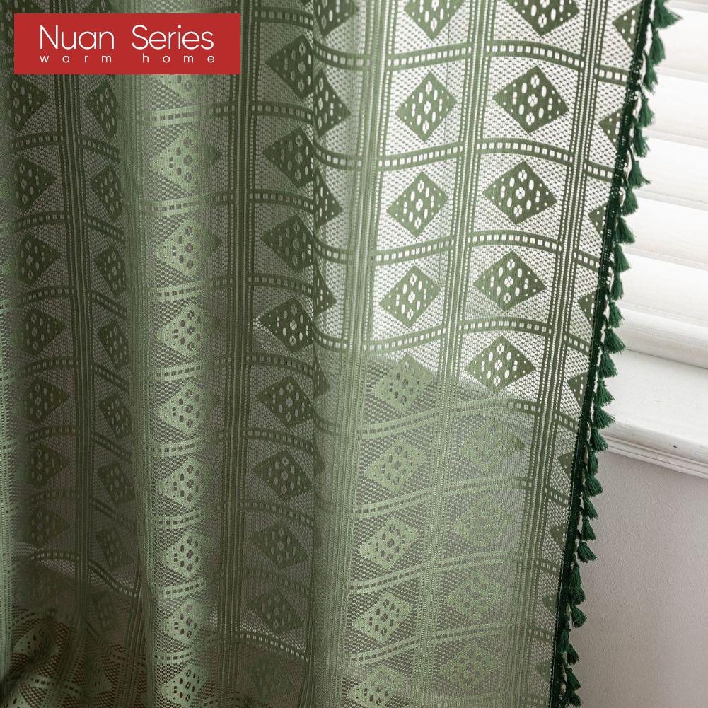 1PC Nuan Series Bohemian Tassel Hollow Sheer Curtain French Retro Translucent Gauze Curtain for Living Room Bedroom Balcony Window Home Decor