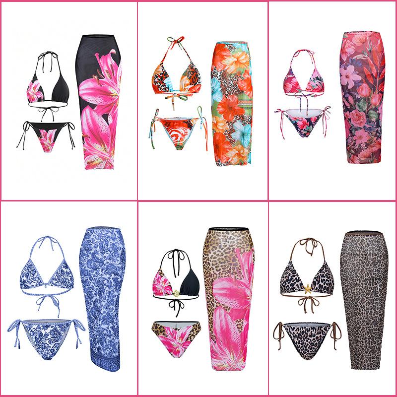 European and American Women’s Fashion Printed Triangle Bikini Swimsuit with Sexy Quick-Dry Long Cover-Up Dress, 3-Piece Swimwear Set