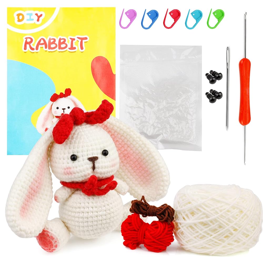 Fenrry Häkelsets mit Igel und Kaninchen, DIY-Anfänger, mit Garnknäueln, Maschenmarkierern, Nadeln, Anleitung, Zubehör