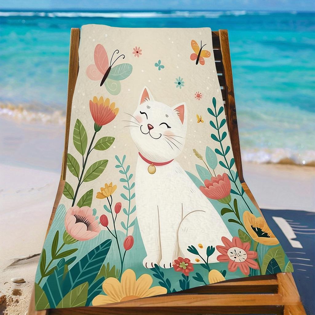1 Pc Cute Cat Beach Towel,  Lightweight Durable, Ideal for Swimming Camping Bathing, Beach Pool Travel Daily Essential