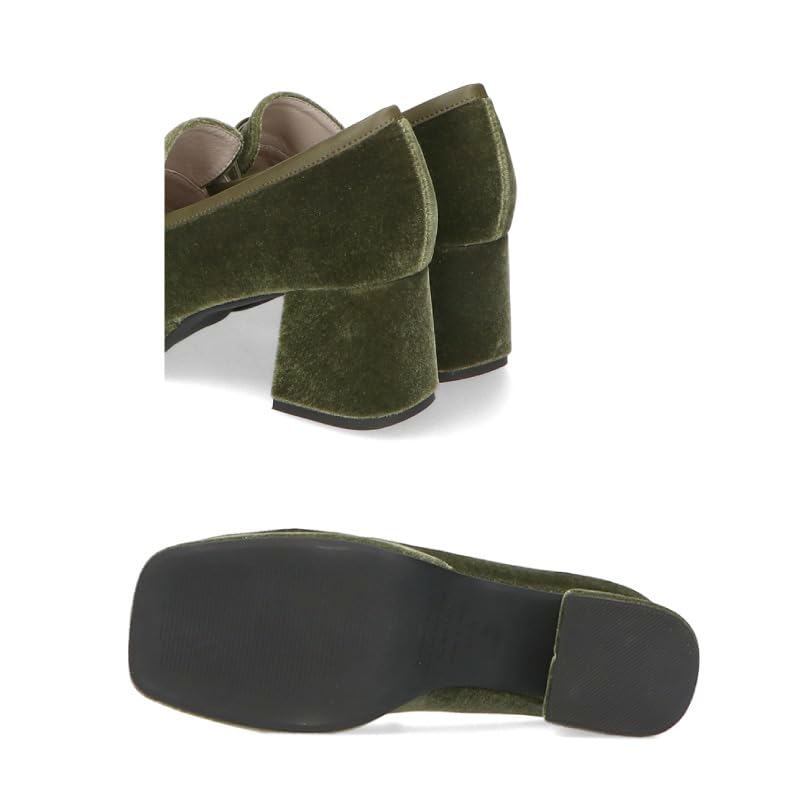 Oriental Traffic Thick Heeled Square 41303 Cm Pumps, Loafers, Sole, Velour, Autumn/Winter, Loafers, Toe, Women's, GREEN, 22.5