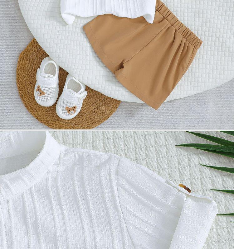 Boys' White Stripe Short-Sleeve Shirt & Khaki Shorts Set (2025 Spring/Summer Collection)