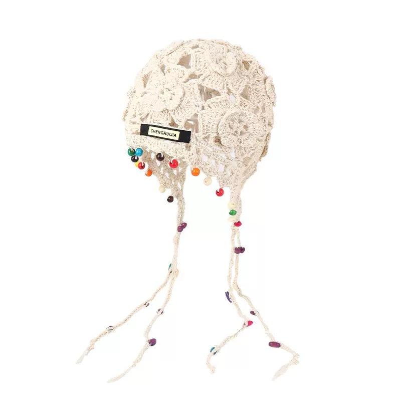 Tassel Knitted Head Hat for Women Retro Hollow Ethnic Style Pullover Hat Handmade Knit Hat
