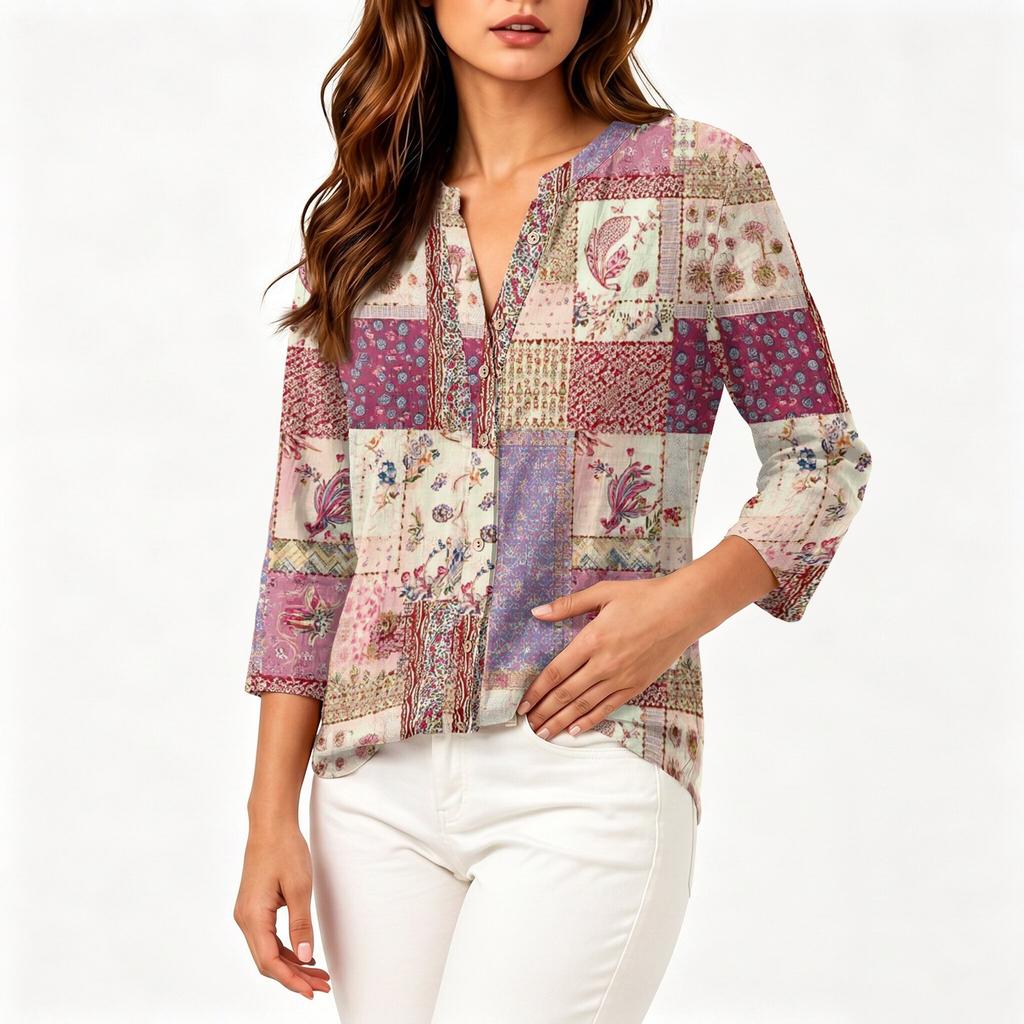 Women's Vintage Floral Print Patchwork Henley Collar Button Down 3/4 Sleeve Cotton Linen Shirt Casual Loose Fit Blouse