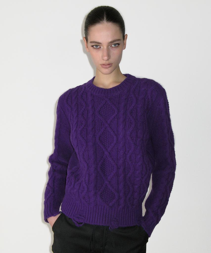 SUNBURNPROJECT Damaged Cable Wool Knit, Purple