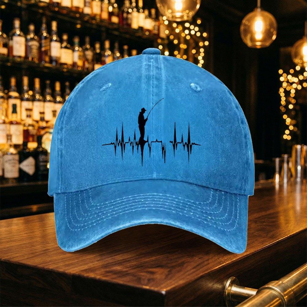 Vintage Washed Baseball Cap With Ecg Fishing Print Lightweight Mens Duckbill Hat