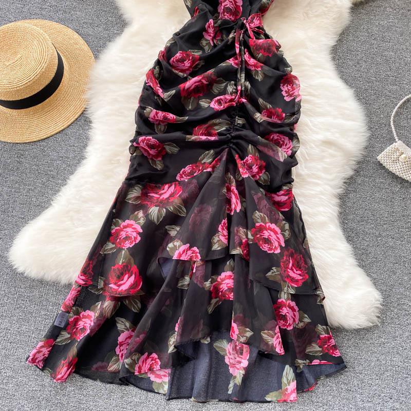 Printed Dress Temperament Ruffle Fishtail Gowns Women's Dress