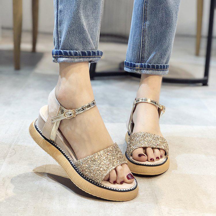 Sandalias Chicas Ins Marea Estudiante de Verano Una Palabra Botón  Lentejuelas Muffin Zapatos Romanos de Suela Gruesa comprar a buen precio —  entrega gratuita, reseñas reales con fotos — Joom