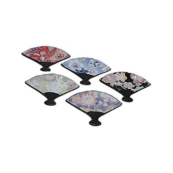 Japanese Fan Flower Scroll Chopstick Rest Set - 5 Piece Ceramic Chopstick Holders