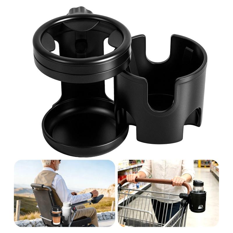 Bike Stroller Wheelchair Dual Cup Holder 2in1 Clamp with Universal 360° Rotating Capability чёрный