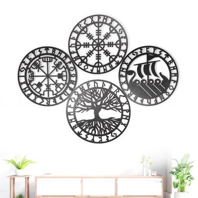 4-teiliges Set Runde Wandkunst Nordische Wikinger Runen Holz Wanddekoration Keltische Stammbäume Wikinger Dekor Amulett Schild Heim Büro Dekor