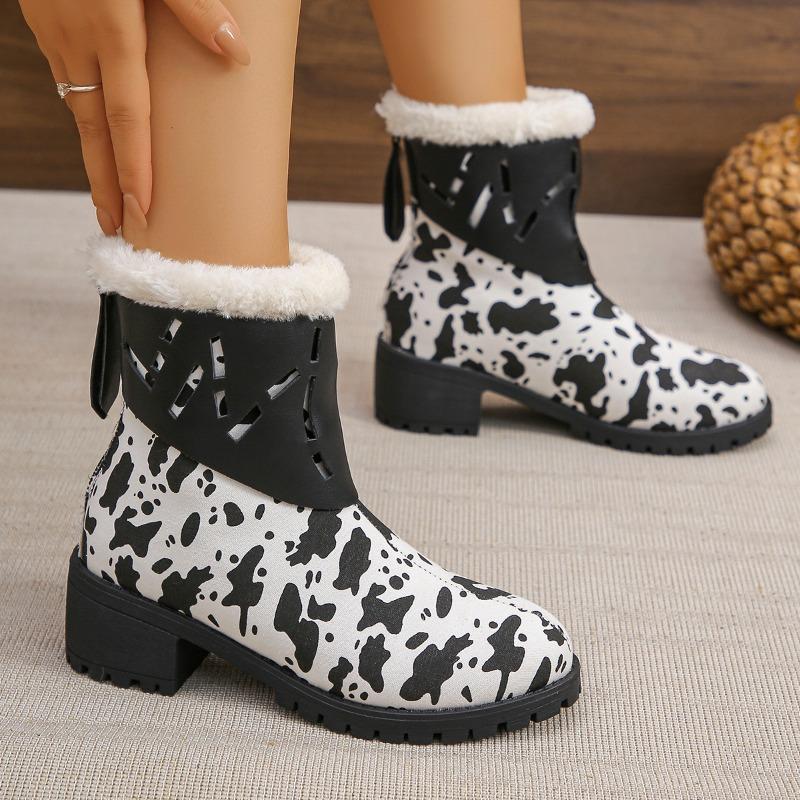 Fashion Winter New Thick Heel Cotton Boots Women's Fashion Round Head Cow Color Back Zipper Comfortable Short Boots