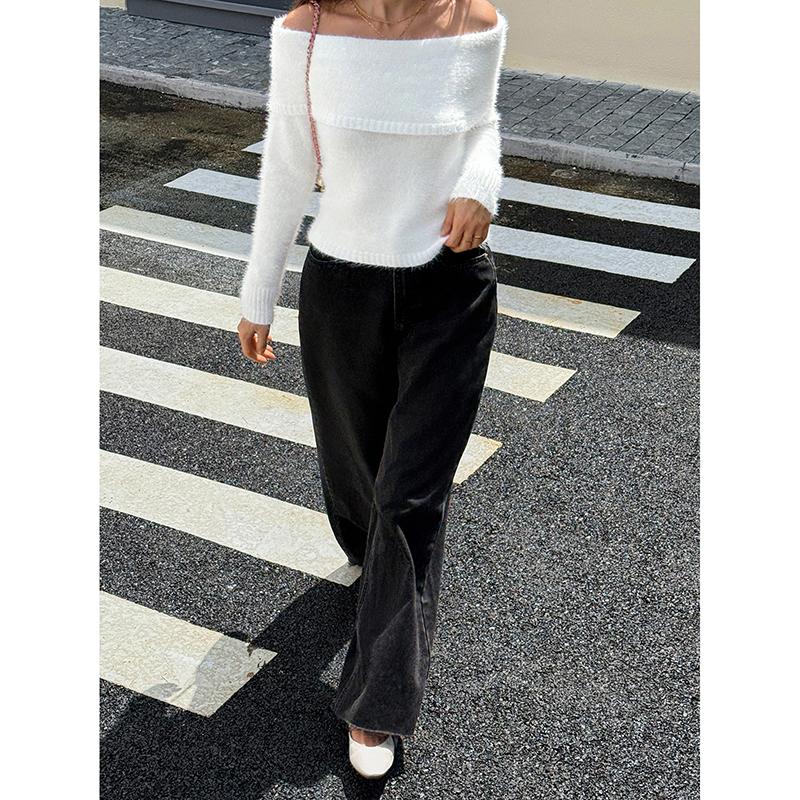 White Knit Sweater Women's One Line Neck Slim Fit Fashion Sexy Off-Shoulder Sweater High Waist Fashion Long Sleeve Knitwear