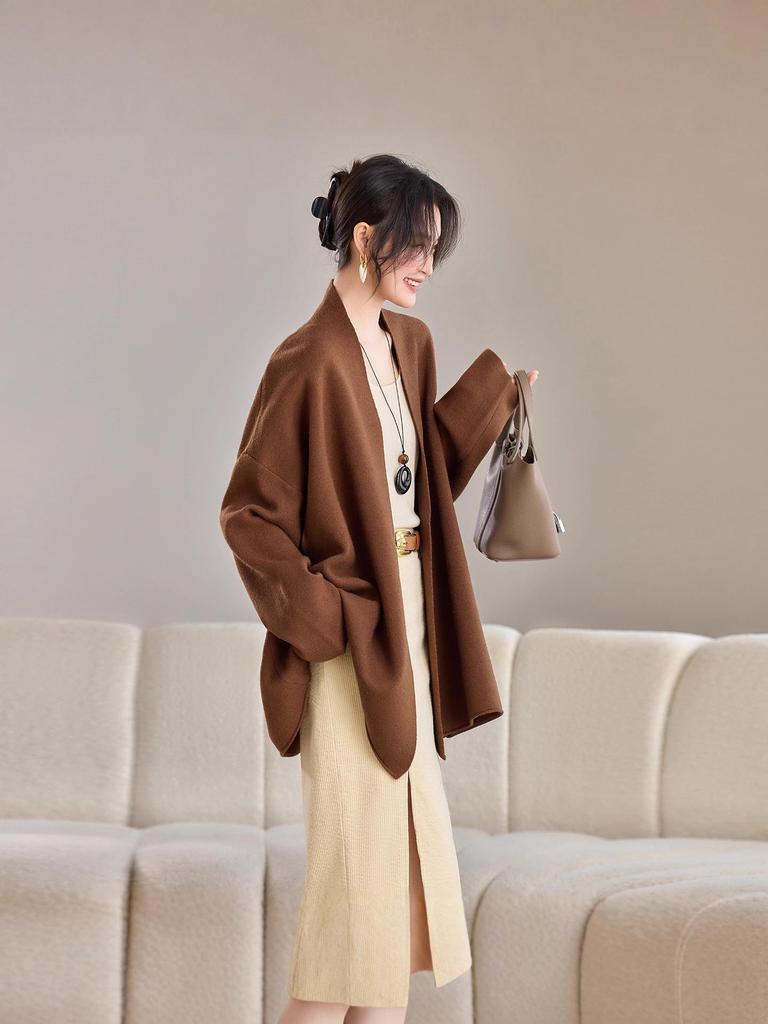 Woll-Cardigan-Übermantel - Damen Locker Einfarbig Gestrickt für Herbst/Winter 2025