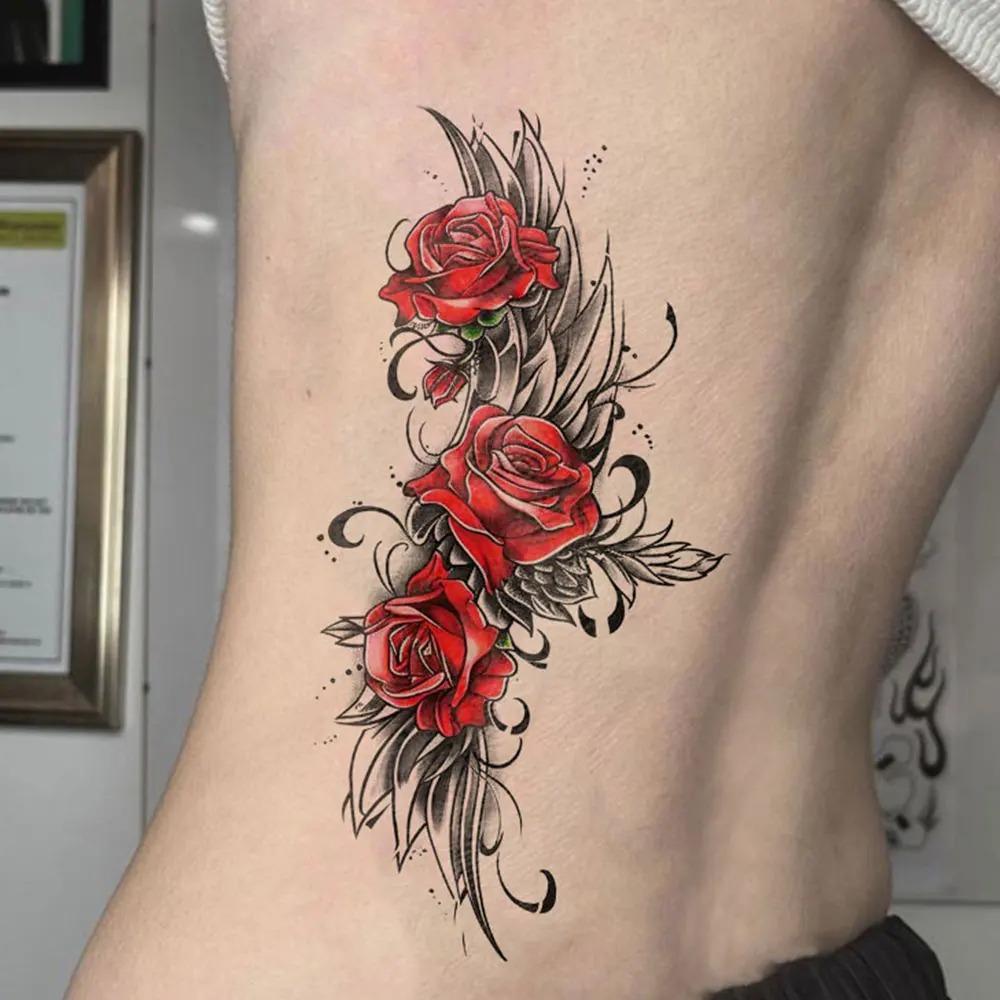 Waterproof Temporary Tattoo Sticker Dark Style Wings Feathers Rose Flower Sexy Body Art Arm Fake Tattoos Sleeve Women Men