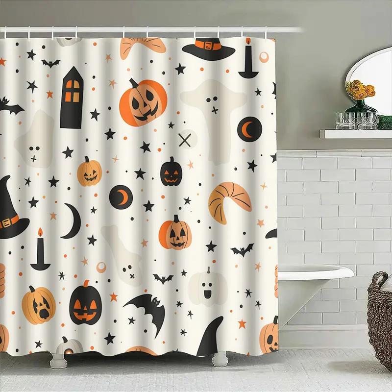 Dekoracje Halloween Zestaw Zasłony Prysznicowej ze Wzorem Dyni i Ducha do Łazienki Pomarańczowy Czarny Biały Halloween Nietoperz Czarownice Ha