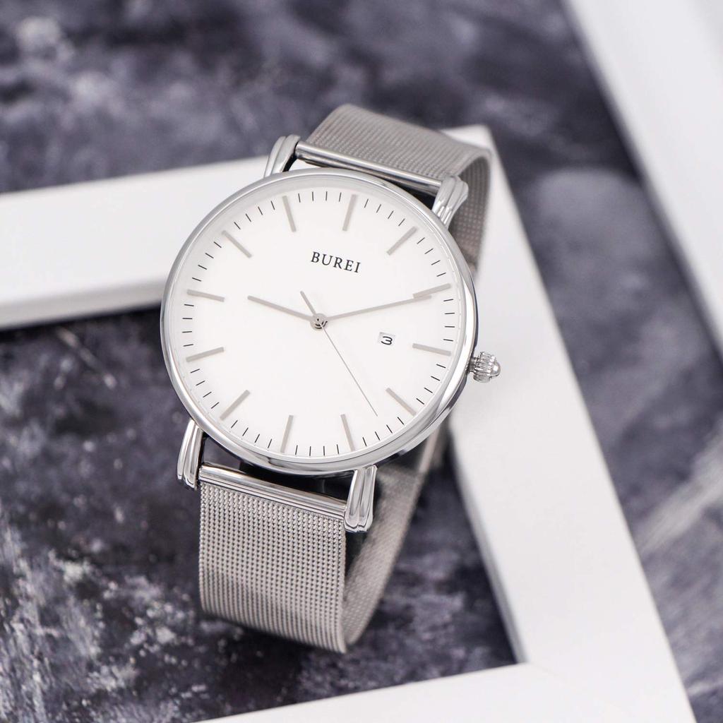 BUREI Men's Watch, Simple, Waterproof, Analog, Business, Milanese Style, Mesh Strap, Stylish, Popular, Date Display, Silver, Brand Name