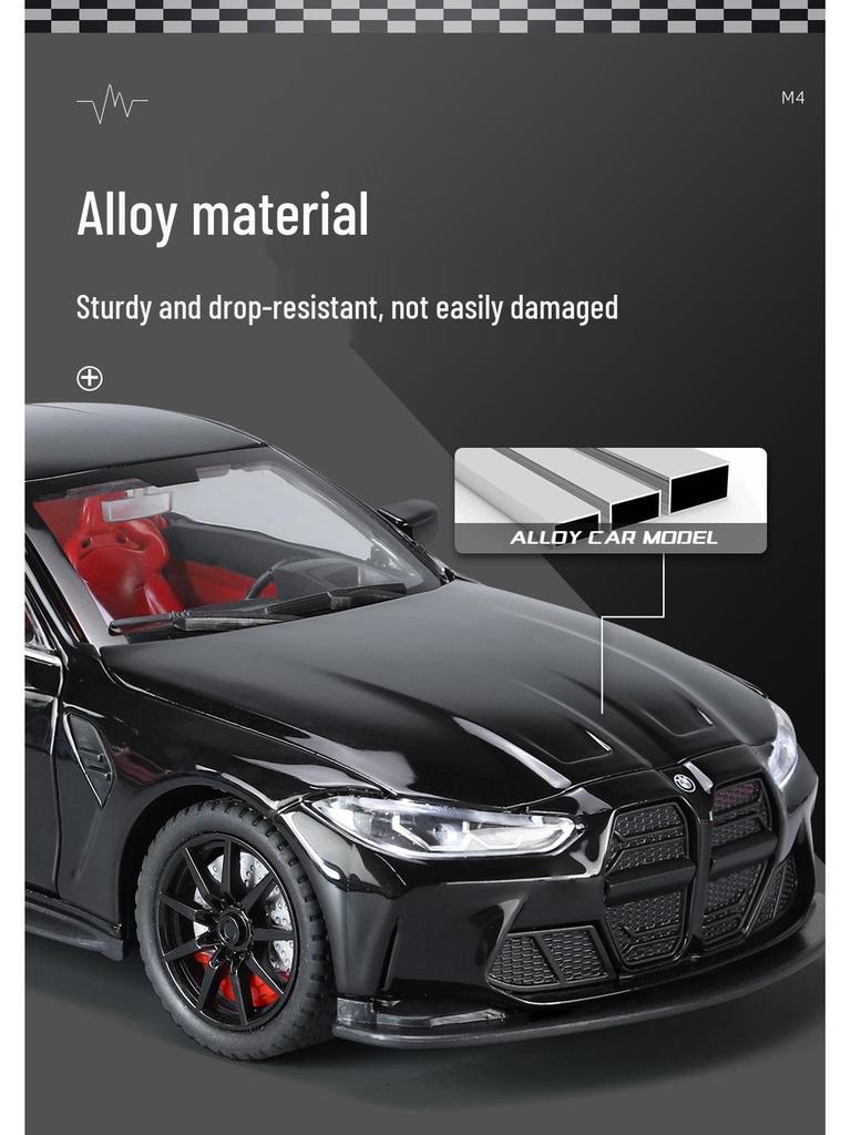 1:24 BMW M4 Diecast Car Model with Shock Absorption, Pull-Back, Steering, Sound, and Light Features.