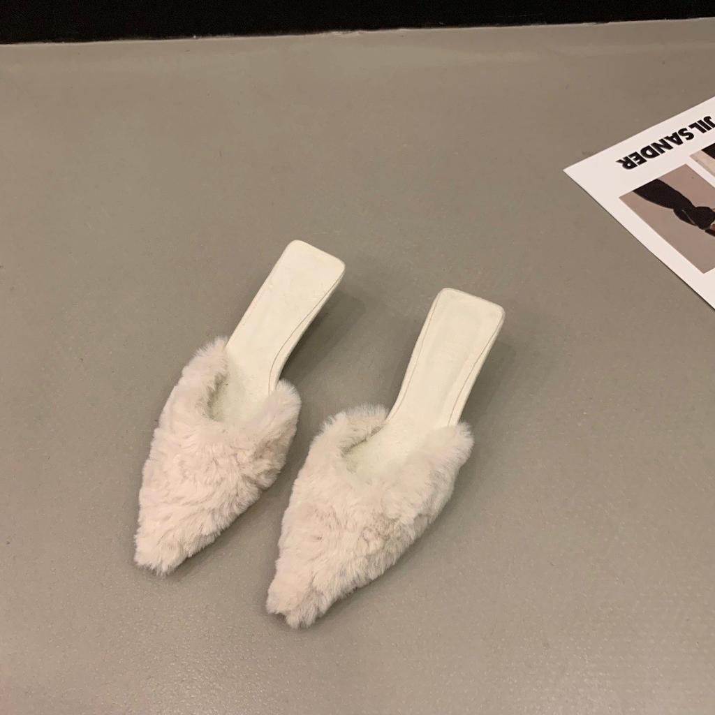 2024 Autumn New Slippers Women's Fashion Temperament Beautiful Color Fluffy Half Slippers Women's Fine Heel High Heel Bag Head Drag