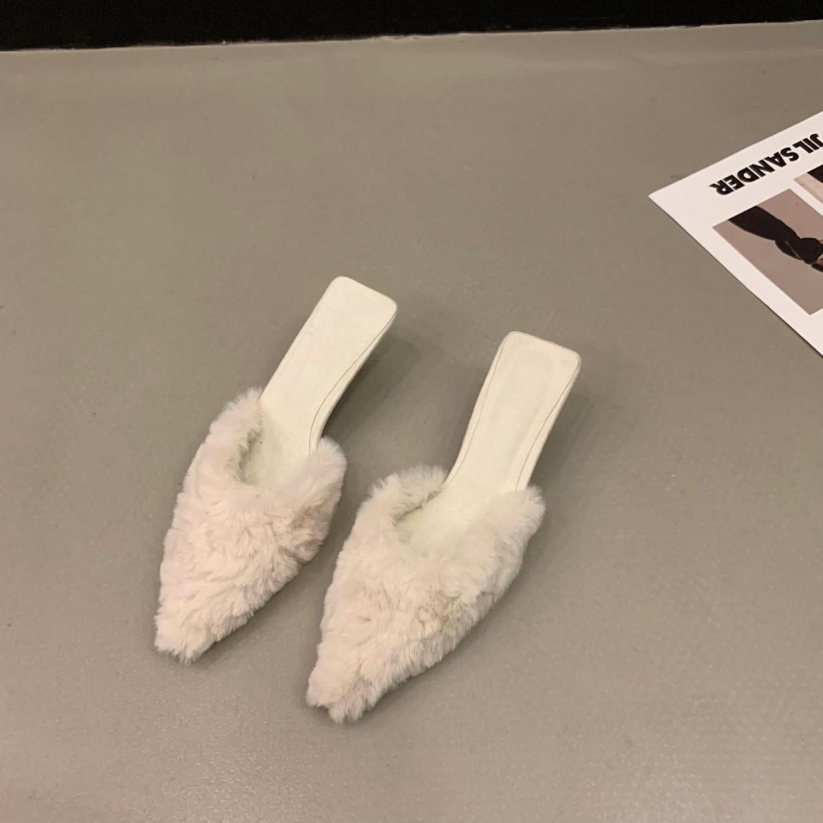 

2024 осень новые тапочки женские модные темпераментные красивые цветные пушистые полутапочки женские тонкие каблуки высокие каблуки сумка голова перетаскивание 39 слоновая кость