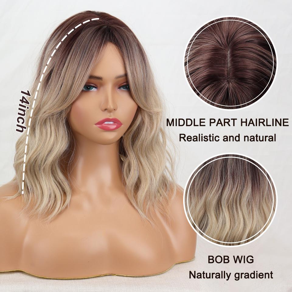 MISS WIG Brown Ombre Blonde Synthetic Fiber Wig with Natural Bangs Women Ash Blonde Shoulder Length Wavy Wig for Women