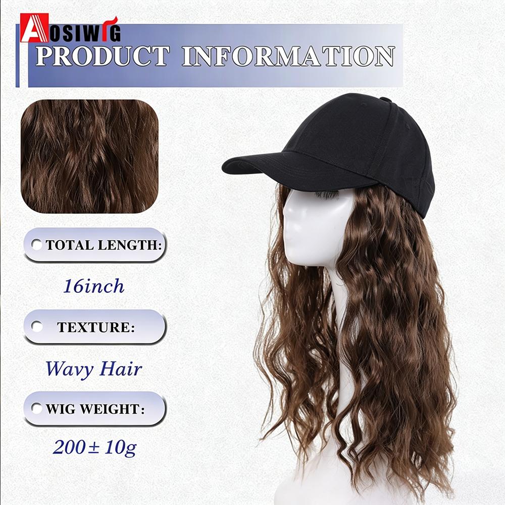 Synthetic Wig Hat with Natural Wave Hair Extensions Attached for Woman Baseball Cap Wig Black Curly Wavy Hairstyle Adjustable