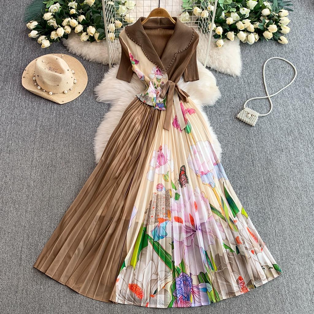 Summer Women Casual Plus Size Miyake Folds Print Beading Lace-up Oversize Loose Long Maxi Pleated Dresses