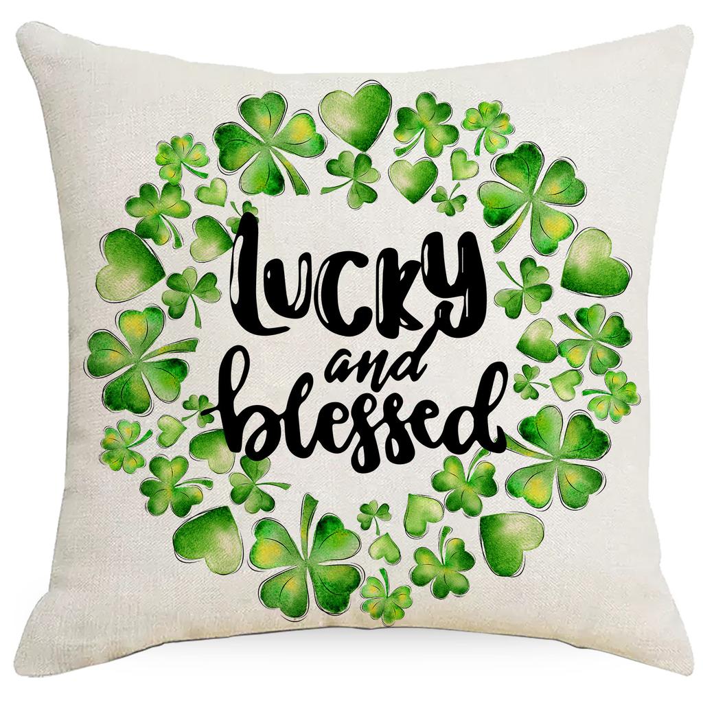 St. Patrick's Day Four-leaf Clover Printed Linen Pillow Cover Festive Home Fabric Sofa Bedside Cushion