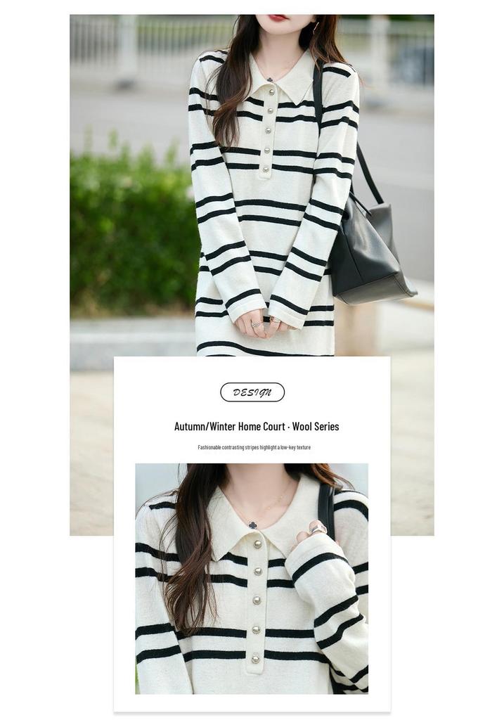 Women's Striped Wool Knit Sweater Dress with Half-Open Button-Up Polo Collar