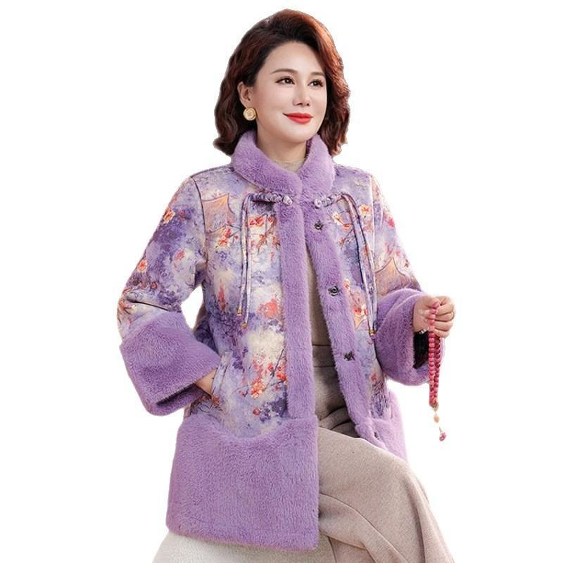 Mom autumn and winter new Chinese woolen coat medium and old women's clothing fleece thickened top woolen coat