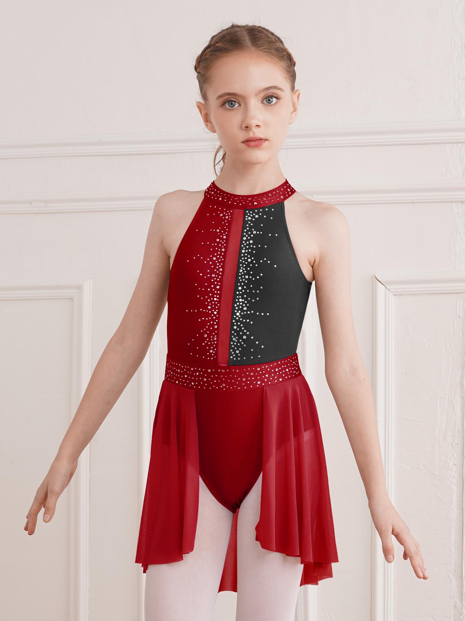 

Детское платье для фигурного катания для девочек, платье без рукавов со стразами, платье для катания на роликах, гимнастический трико, балетный костюм для лирического танца 5-6 Years бордовый