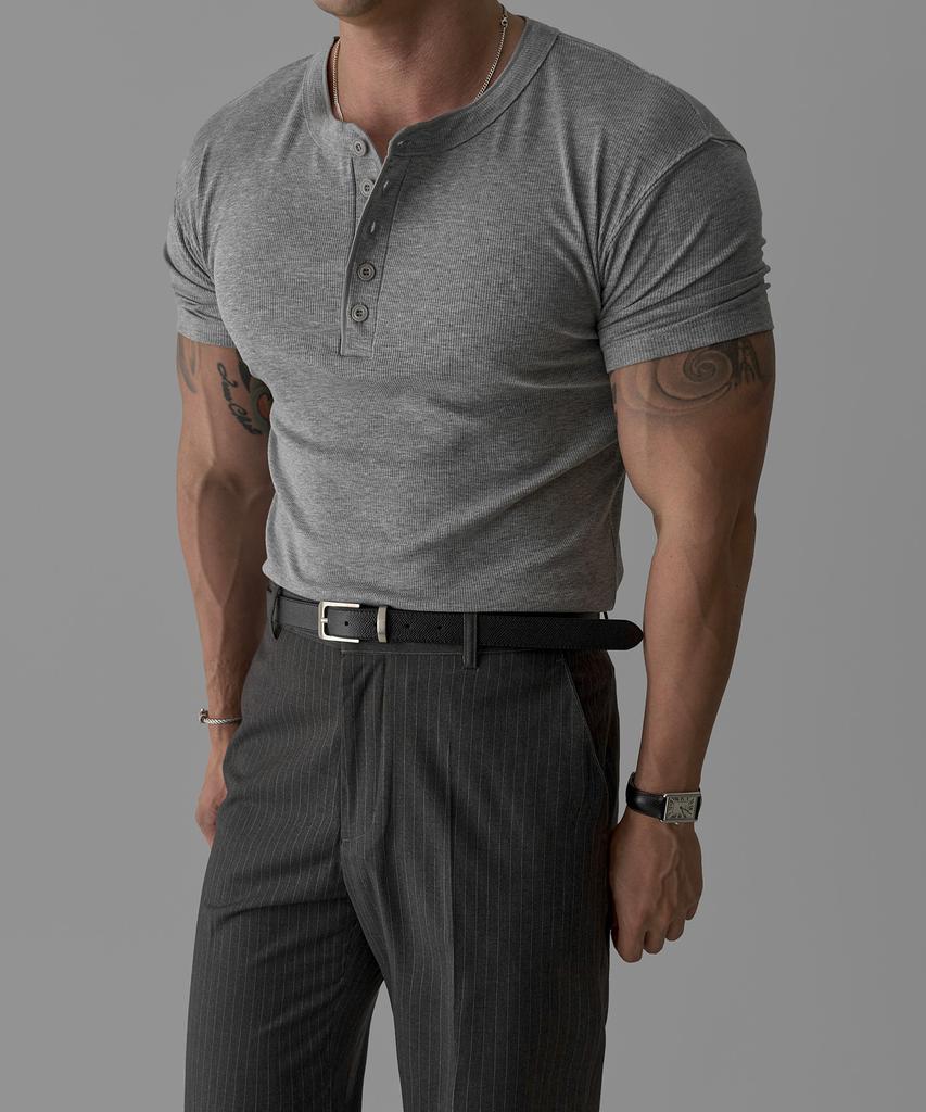 Baulopeulodeogteu Tencel Ribbed Henley Neck Muscle Short Sleeve T-Shirt [Gray]