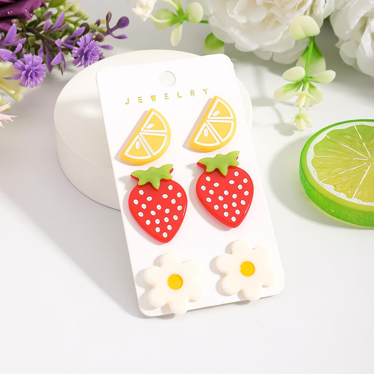 

Cartoon strawberry lemon flower plate earrings personalized trend resin stud earrings set sweet daily