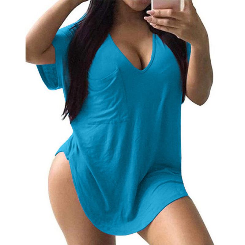 

JPNTKY Women s Fashion Casual Solid Color Print Short Sleeve V Neck Blouses & Shirts International design XXXL небо синє кольору