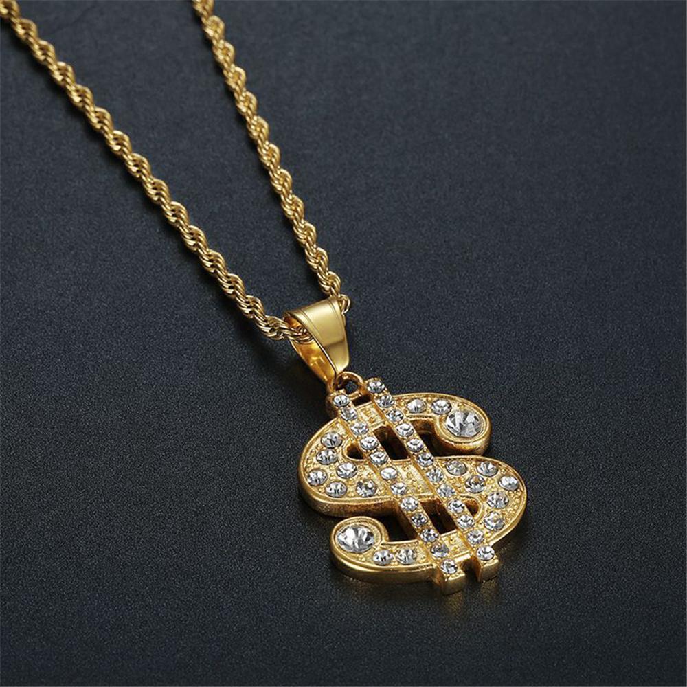 Hip Hop Iced Out Bling Dollar Sign Pendant Gold Color Stainless Steel Rapper Money Necklace For Men Women Hippie Jewelry Gift